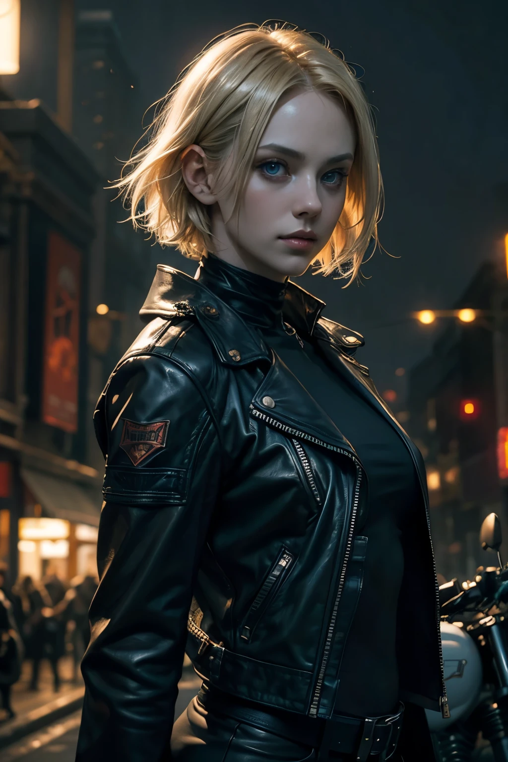 blonde short hair, vibrant blue eyes, white pale skin, portrait, full leather clothes, biker clothes, thin nose, thin chin, dark night scene, harley motorbike, High detail RAW colored art, (detailed skin, skin texture), (muscle), intricate details, fine details, hyperdetailed, ray tracing, subsurface scattering, diffuse soft lighting, red and blue spotlight, by Jeremy Mann, Greg Manchess, Antonio Moro, trend at ArtStation, trend at CGSociety, Intricate, High Detail, Sharp focus, dramatic and photorealistic painting art by midjourney, bokeh in the background, motorclub jacket, best quality, masterpiece, only 1girl, halfbody portrait, night dark ambient, look at the viewer, leather jacket, leather clothes, night road, 
