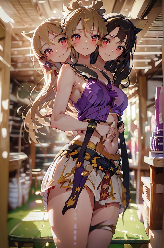 (masterpiece, best quality), best quality, (ultra-detailed), (3heads:1.5), 1girl, (toyosatomimi no miko:1.3), masterpiece, best quality, ultra quality, ultra resolution, white-purple top, crop top, ((stomach)), midriff, ((groin)), open belly, purple skirt, normal ears, shackles, very light, almost platinum blonde hair, very long hair, wavy hair, sidelocks, grey eyes, parted lips, sweat, very cute, toned belly, hand on own chest, eyelashes, (24 year old woman:1.3), (masterpiece:1.5), (best quality:1.5), (beautiful detailed), extremely detailed CG, extremely delicate and beautiful, depth of field, (finely detailed face), (perfect details:1.2), (mature female:1.3), wide pelvis, slender, large veiny breast, 16k resolution, highres, high quality, high definition, extremely detailed, masterpiece, very light, almost platinum blonde hair, long hair, alluring presence, braid, short skirt, close up, big , young, nsfw, open belly, midriff,