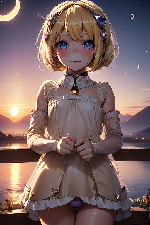 Photo of beautiful girl, masterpiece, 1 girl,
((8 years old,LOLI-CON:1.5)),  Cyborg girl with blonde bob hair and blue eyes, (blonde bob hair:1.2),seductive smile, (crescent moon sunset:1.3), on the observatory, lakeside, mountains in the distance, (wet,sweating:1.2), (cowboy shot), (camel-toe:1.2) ,