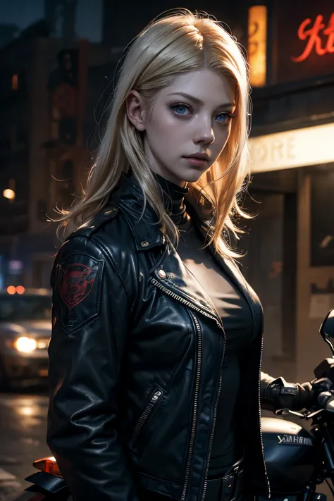 blonde short hair, vibrant blue eyes, white pale skin, ((Katheryn Winnick)), portrait, full leather clothes, biker clothes, thin...