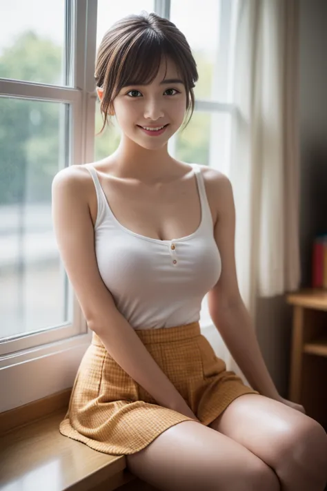 14-year-old girl、S-shaped pose、Cinematic Light、Shine a bright light on the face、smile、smile、bangs、Short Hair、Red ribbon、Plump th...