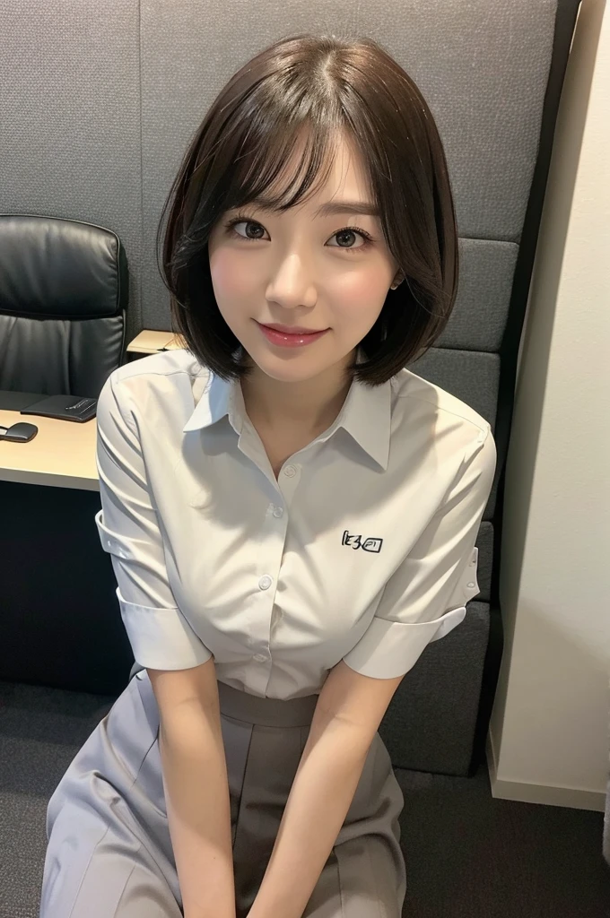 (Natural background), masterpiece, highest quality, shape, Very detailed, finely, High resolution, 8k wallpaper, 完璧なダイナミックな構shape, finelyて美しい目, Big Breasts, Natural color lip, Random pose, smile, ((office)), 35 year old beautiful woman, Full Body Shot, Short Hair, ((working office uniform)), (dark), Thinking Ahead, Sit on a chair