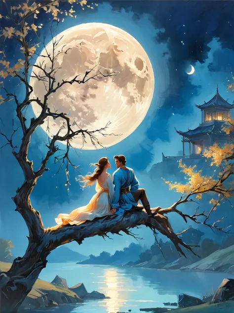 Romantic ancient style，night，Backlight，A man and a woman sitting on a tree branch，There is a big full moon behind，Alexander，Aver...