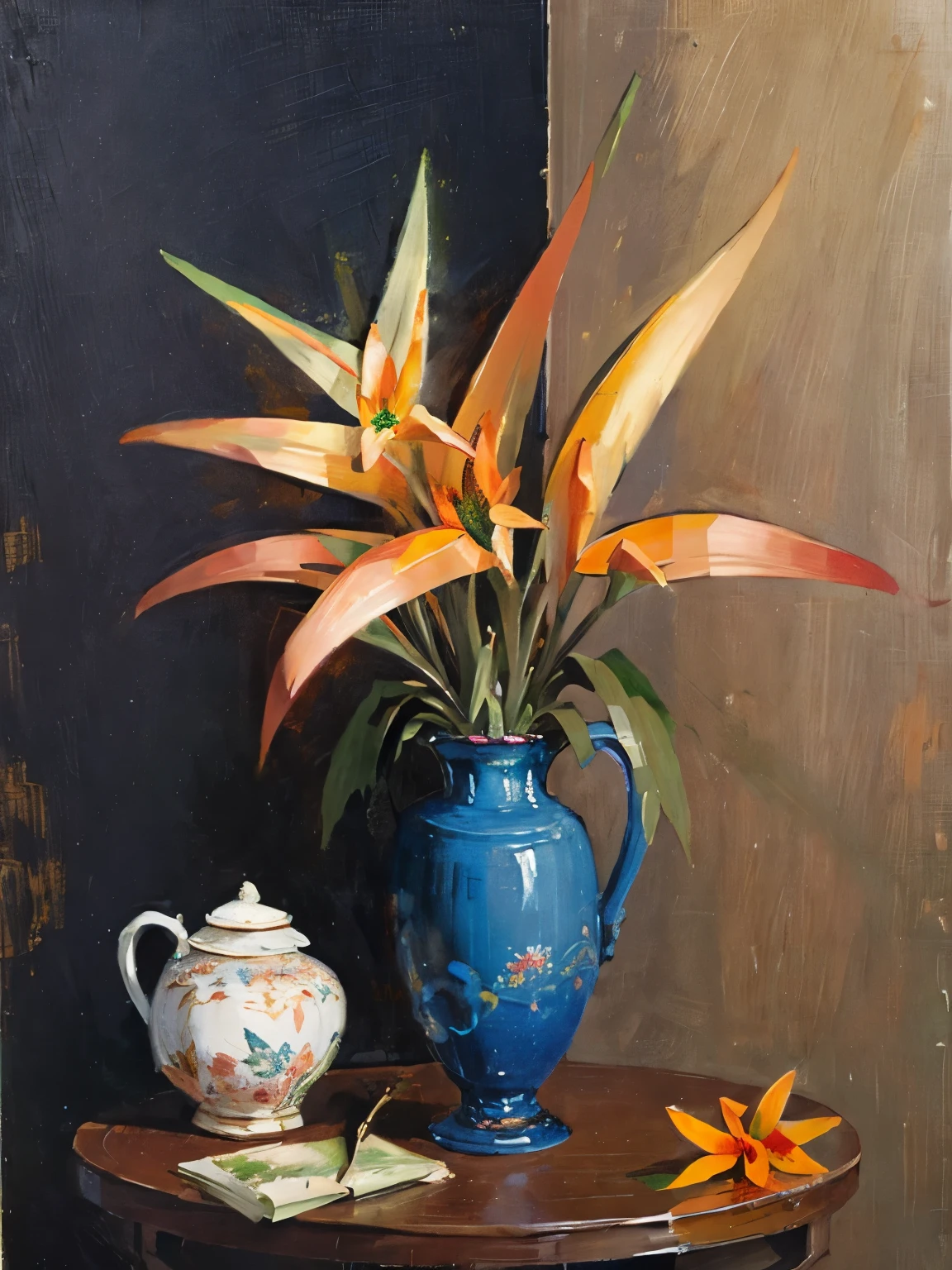 Bird of Paradise (Strelitzia): A tropical flower with striking orange and blue petals resembling a bird in flight, in. a vase on table, still life painting, realistic