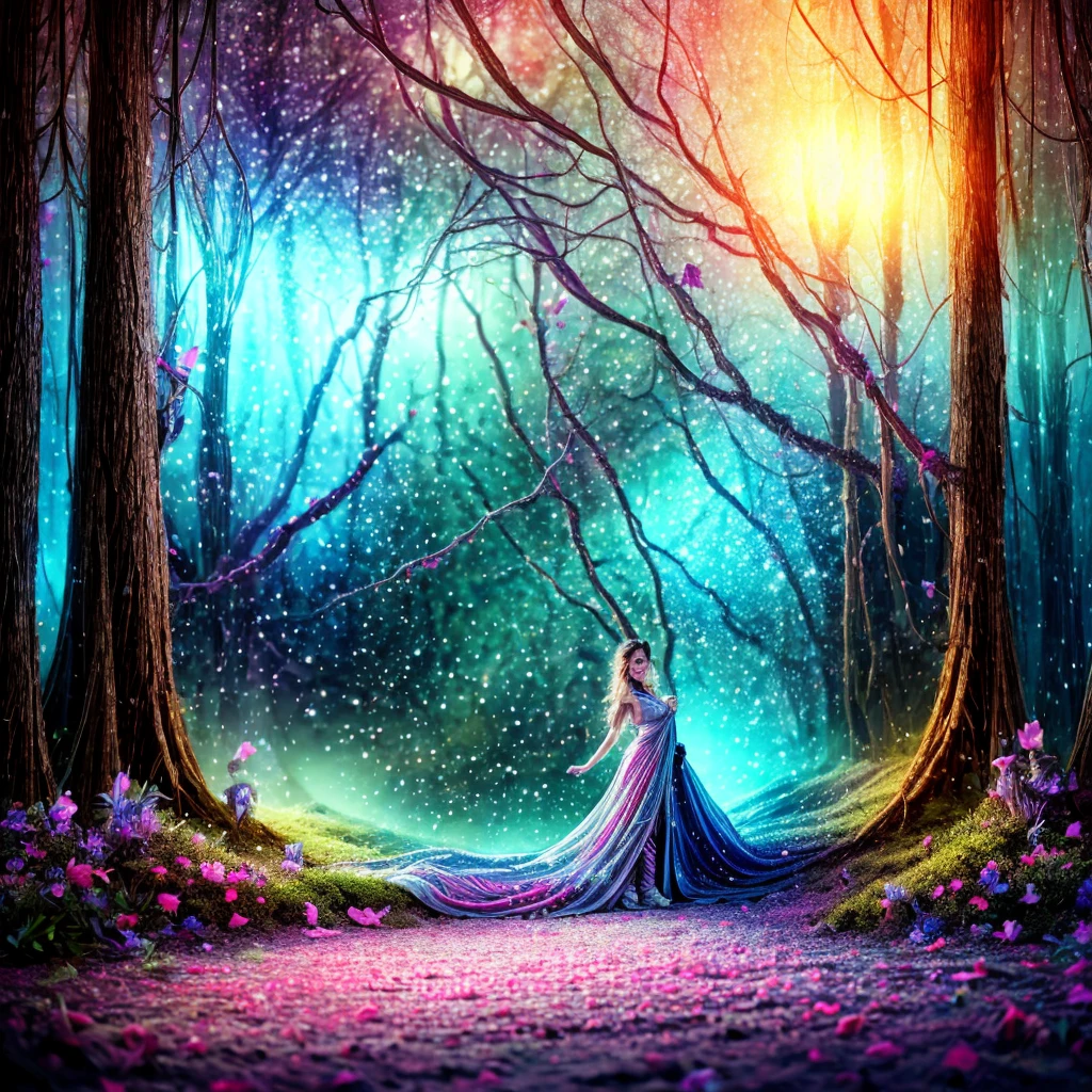 Create a hyper realistic photo with a hyper realistic skin texture of a girl walking on a fantasy forest, pay attention to the face, smile, finger, arms, and eyes, she have a large breasts in a outstanding beautifull long dress.