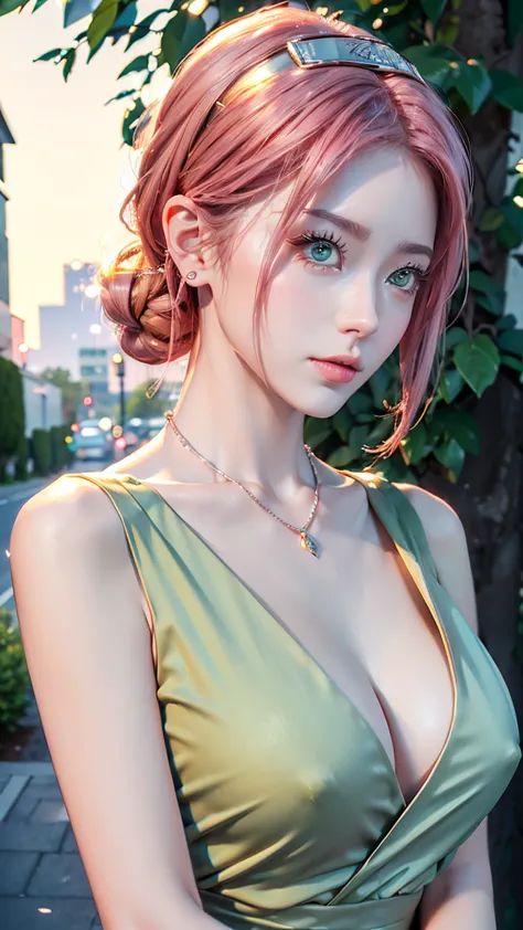 1 girl, 最high quality, masterpiece, high resolution, pink short ponytail,green eyes、((office casual suit))、(((whole body)))、big ...