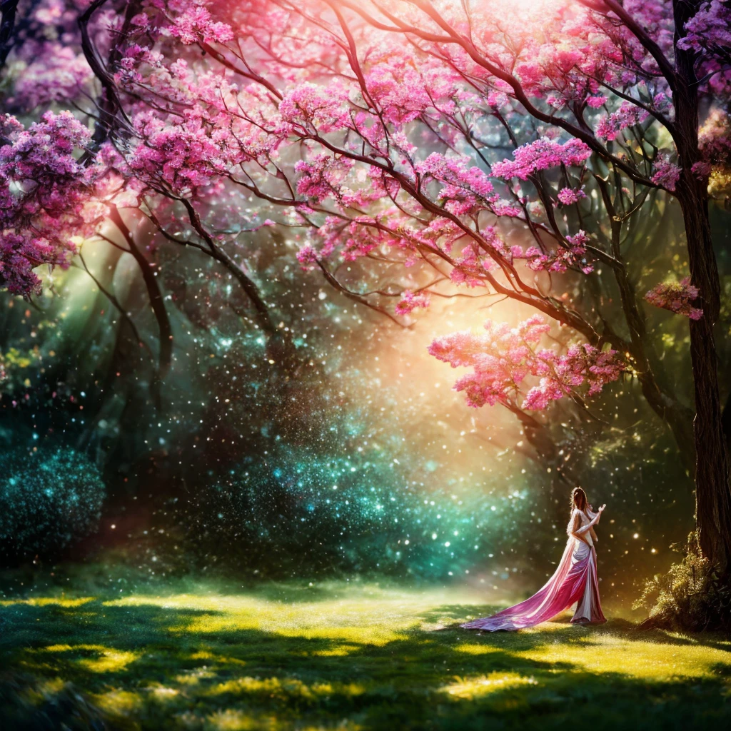 Create a hyper realistic photo with a hyper realistic skin texture of a girl walking on a fantasy forest, 32k high resolution wallpaper, pay attention to the face, smile, finger, arms, and eyes, she have a large breasts in a outstanding beautifull long dress, fanfo, 