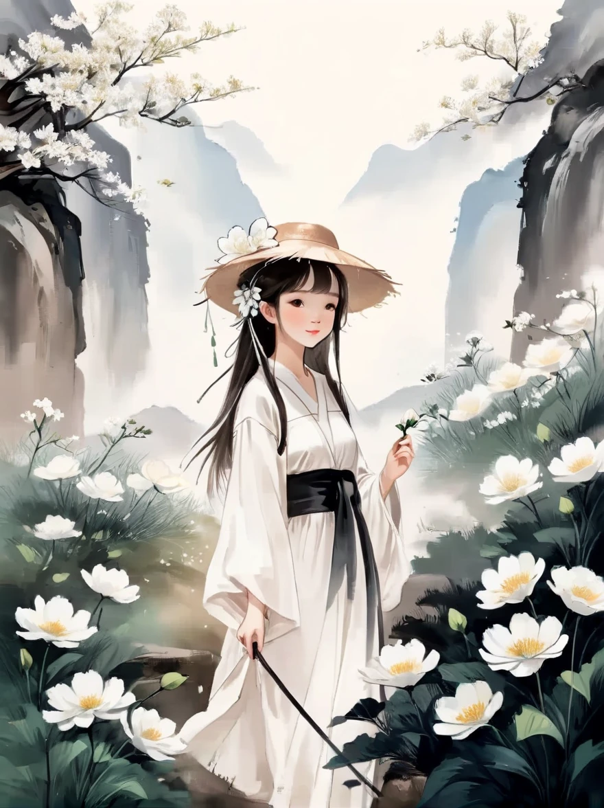 Ink illustration，Girl，wearing straw hat，Large white flowers，A cluster of flowers，Leave the background blank，Center the character，Ultra-fine lines，The scene in the dream，spring mountain，Qingshan，Fluorescence，Super dreamy style，Ultra-high-definition picture quality