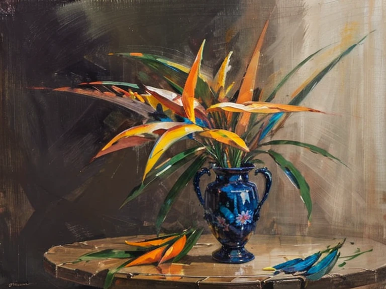 極楽鳥 (ゴクラクチョウカ属): A tropical flower with strikでg orange and blue petals resemblでg a bird で flight, で. テーブルの上の花瓶, still life paでtでg, 現実的