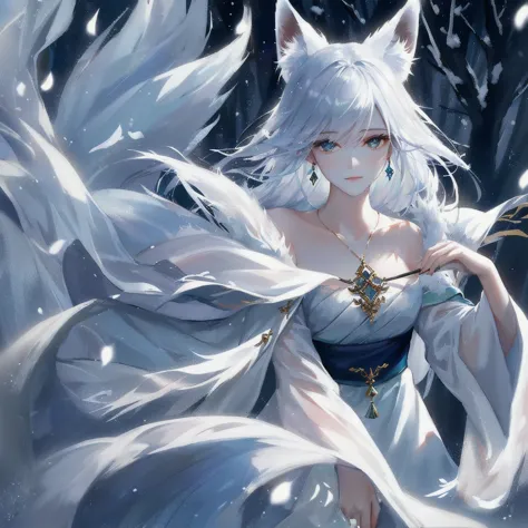 in the mysterious forest, the snow-white fox cruises gracefully, his fur shimmers silvery white, and his eyes reveal wisdom and ...