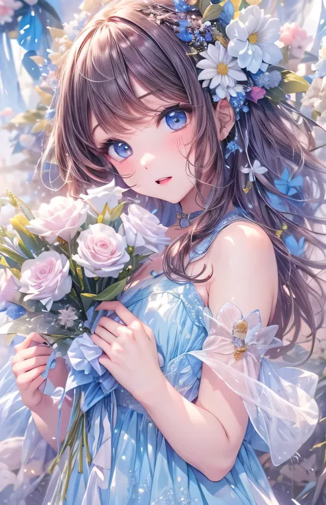 ((highest quality)), ((masterpiece)), (Get used to it), Perfect Face , beautiful girl , Princess , blue , bouquet ,