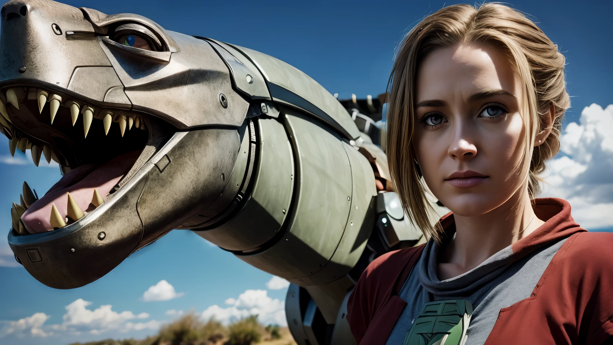 a photo realistic Fiona with a chrome robot raptor, masterpiece, best, photo realistic, Zoids
