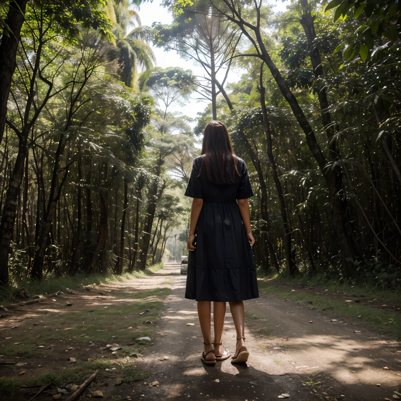 Mulher arafa caminhando por uma estrada de terra em uma floresta - SeaArt AI