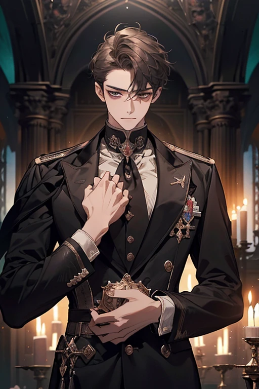 ((Best quality)), ((masterpiece)), (detailed), ((perfect face)), ((halfbody)) perfect proportions ,He is a handsome student, 18 years old, short hair, topless in uniform, there is a background of a school gothic room with lit candles, gnostic vibe ((perfect face))