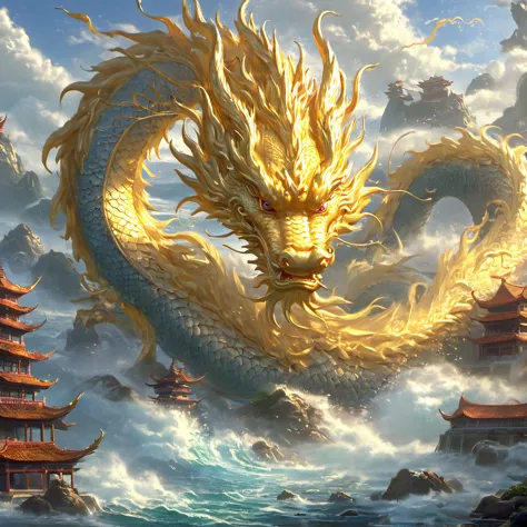 in the fantasy world, Golden Dragon，{a head}，Rich details,Ocean,Sky,Mountain,thunder，Traditional Chinese architecture,