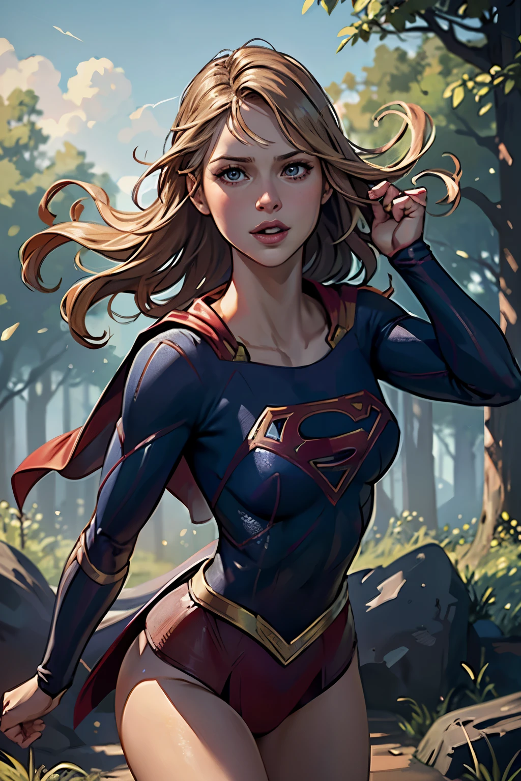 ((highest quality)), ((masterpiece)), (be familiar with), (High definition), (Realistic), (Realistic), (Best Shadow), Low contrast, (Complex:1.4), Side lighting, 8K, ((melissa Benoist)), ((SUPER GIRL)), Perfect Face、Detailed、(Accurate hand and finger depiction)、supergirl women、Blonde、Voluptuous body、Large Breasts、Narrow waist、Big Ass、Alluring、glamorous、(Action Scenes)、Supergirl fighting the bad guys、sweating、On the grass、in the deep forest、blue sky