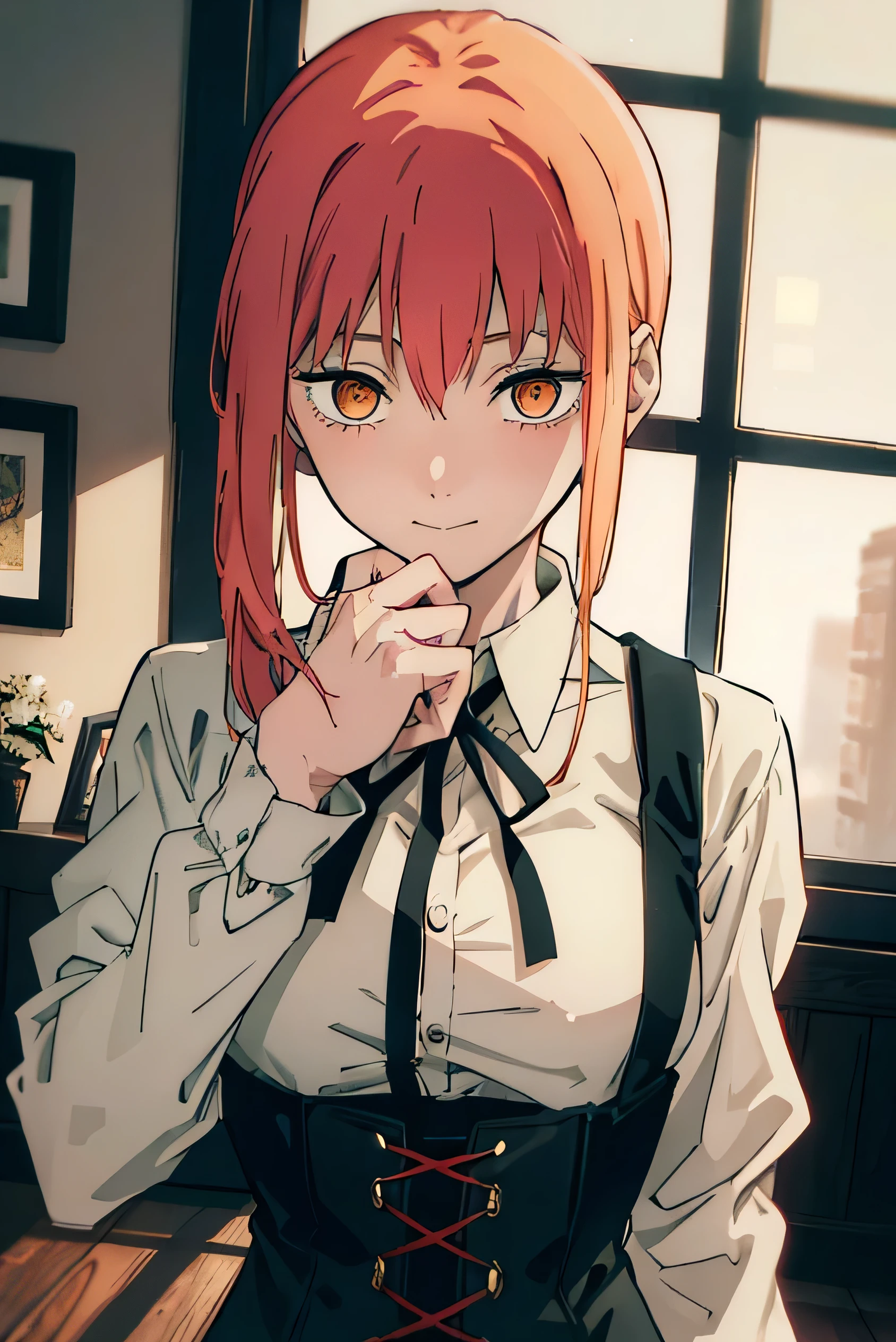 Anime girl with red hair and a white shirt and black suspenders - SeaArt AI