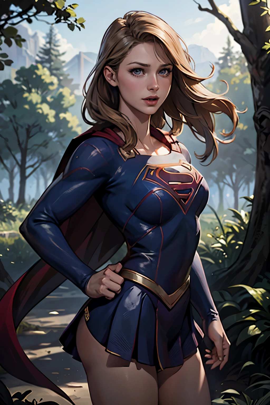 ((highest quality)), ((masterpiece)), (be familiar with), (High definition), (Realistic), (Realistic), (Best Shadow), Low contrast, (Complex:1.4), Side lighting, 8K, ((melissa Benoist)), ((SUPER GIRL)), Perfect Face、Detailed、(Accurate hand and finger depiction)、supergirl women、Blonde、Voluptuous body、Large Breasts、Narrow waist、Big Ass、Alluring、glamorous、(Action Scenes)、Supergirl&#39;s punch defeats two villains、sweating、On the grass、in the deep forest、blue sky