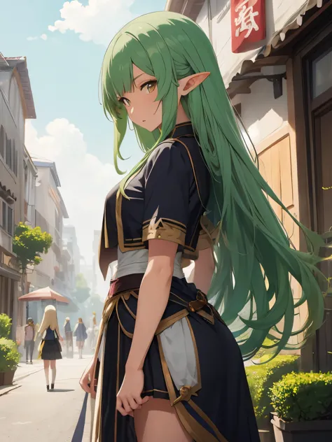elf, fantasy clothes, chinese inspired, long green hair, side view, walking spirte, male, anime