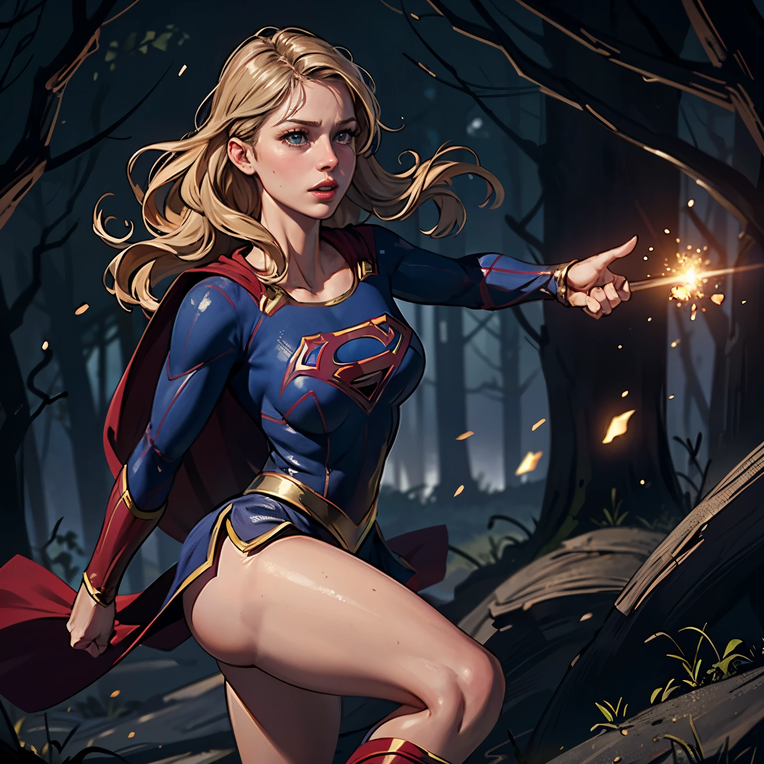 ((highest quality)), ((masterpiece)), (be familiar with), (High definition), (Realistic), (Realistic), (Best Shadow), Low contrast, (Complex:1.4), Side lighting, 8K, ((melissa Benoist)), ((SUPER GIRL)), Perfect Face、Detailed、(Accurate hand and finger depiction)、supergirl women、Blonde、Voluptuous body、Large Breasts、Narrow waist、Big Ass、Alluring、glamorous、(Action Scenes)、Supergirl fighting the bad guys、sweating、On the grass、in the deep forest、blue sky