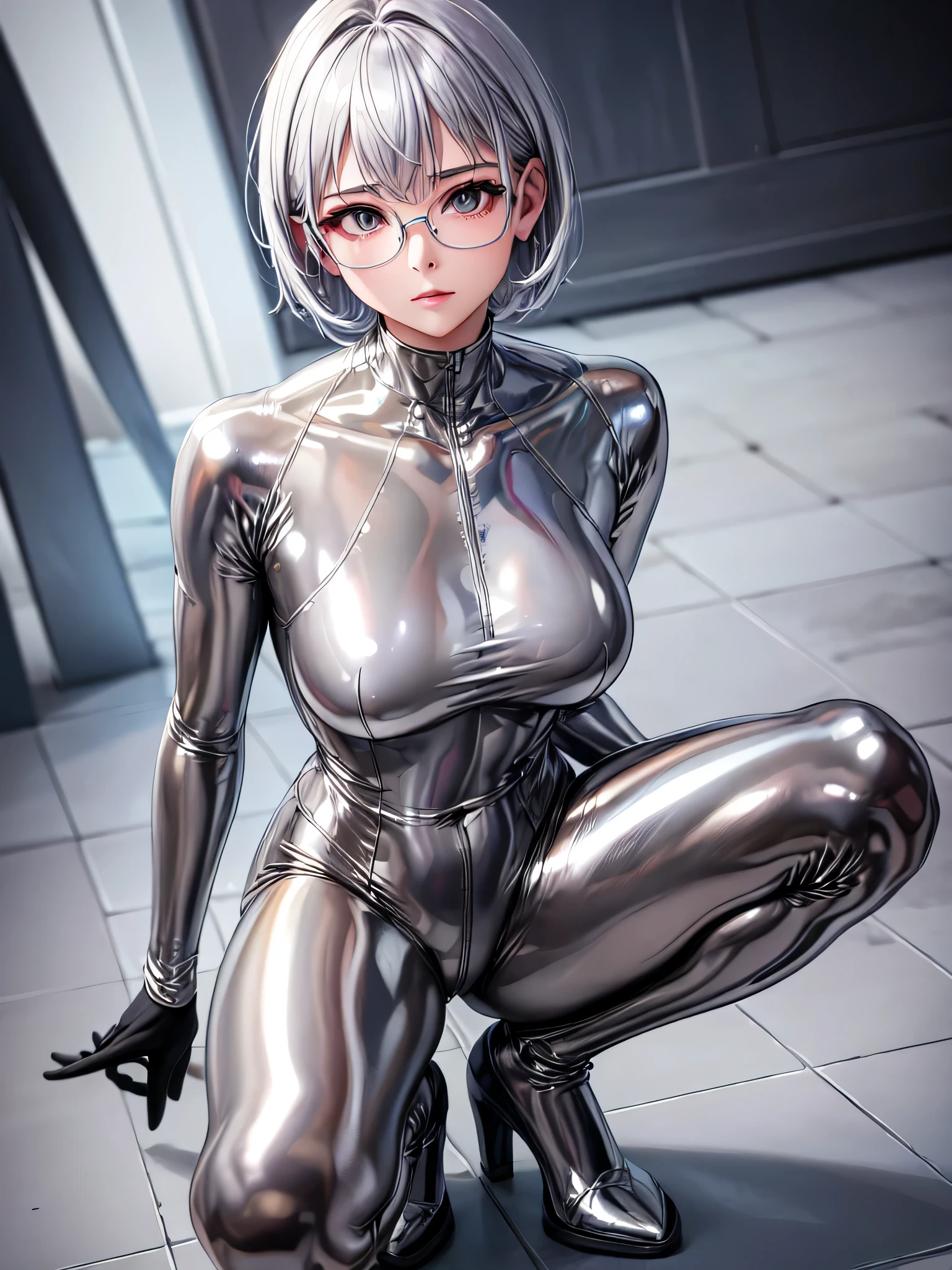 Highest quality 8K UHD、Mastepiece、Upper Body、short hair、Wide-open legs、Squatting with legs apart、Silver Hair、Glasses、Full body shiny silver tights、A beautiful woman wearing a silver metallic suit、Full body silver metallic rubber suit