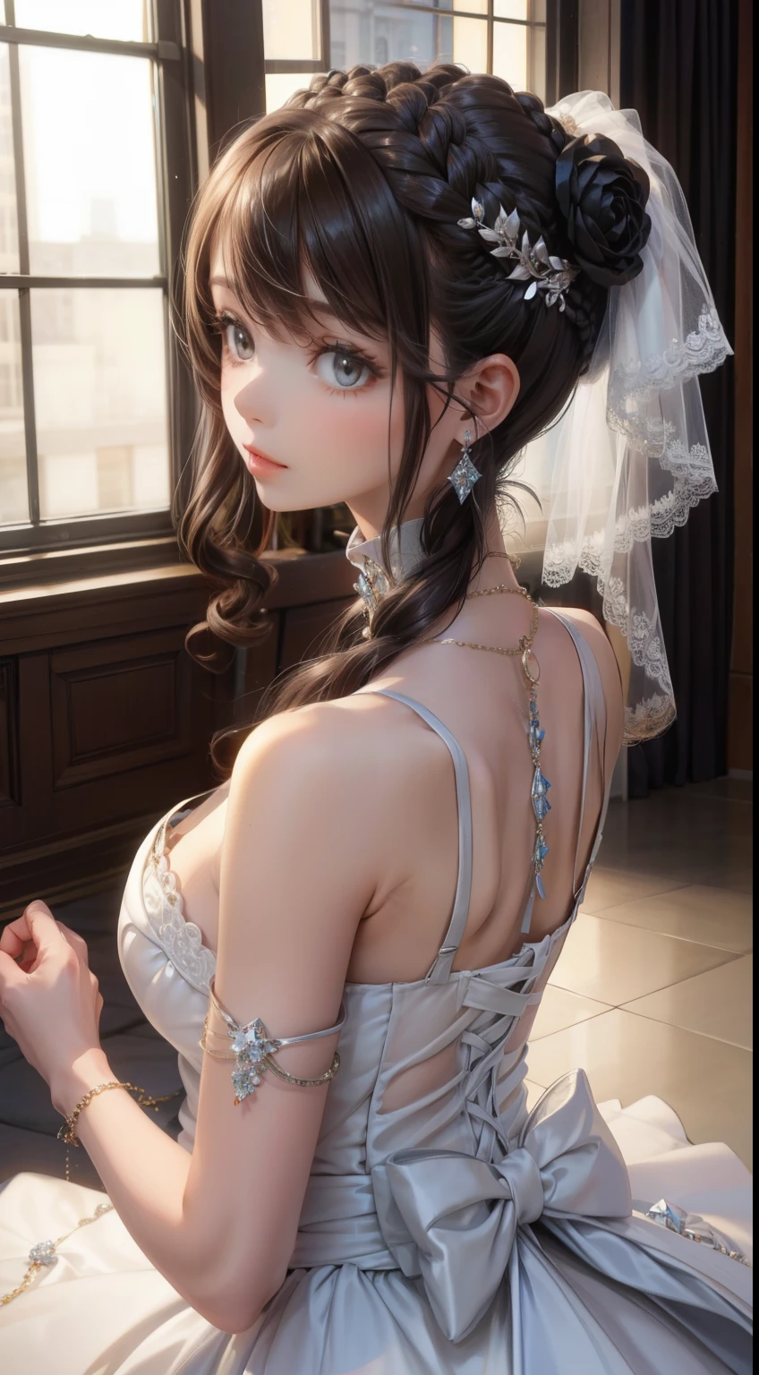 bride、Luxury Prom Dresses、Facing forward、Diamond Necklaces、Random Hairstyles、looks happy、Second dimension beautiful girl