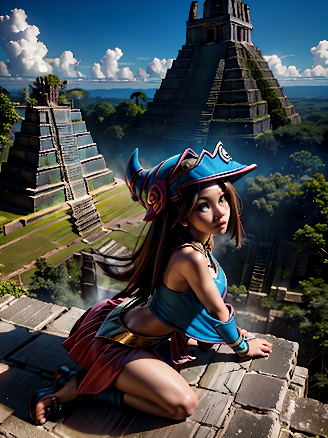 Dark magician in a Mayan ruins of the great jaguar in Tikal. She flies over them. She is in the Aires and sees some Mayan ruins Tikal.