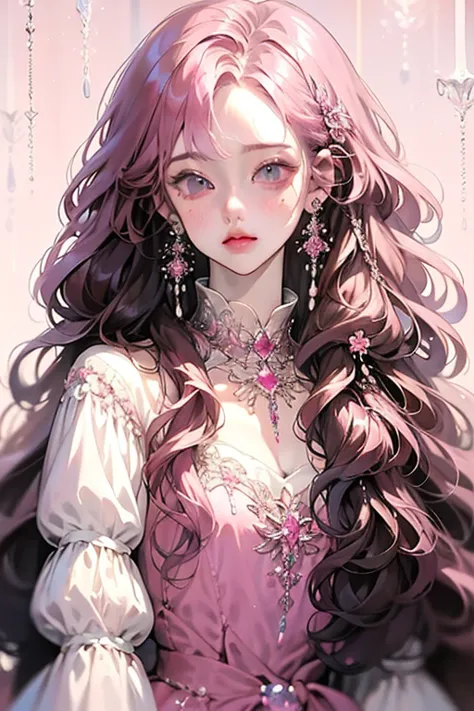Anime girl posing for photo with long pink hair and earrings, an anime drawing inspired by Yanjun Cheng, Pisif, Fantasy art,Pink...