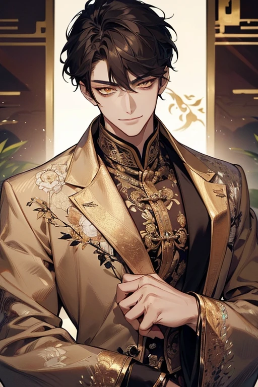 1 male, calm, aldult, Handsome, white short hair, ((golden eyes))，Exquisite facial features details，exquisite eyes, royalties, prince, Wearing black Chinese style clothing，There are gold embroideries on the clothes, Chinese classical palaces, aldult face, close up, Indifferent smile，mild