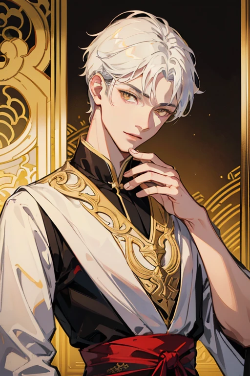 1 male, calm, aldult, Handsome, white short hair, ((golden eyes))，Exquisite facial features details，exquisite eyes, royalties, prince, Wearing black Chinese style clothing，There are gold embroideries on the clothes, Chinese classical palaces, aldult face, close up, Indifferent smile，mild