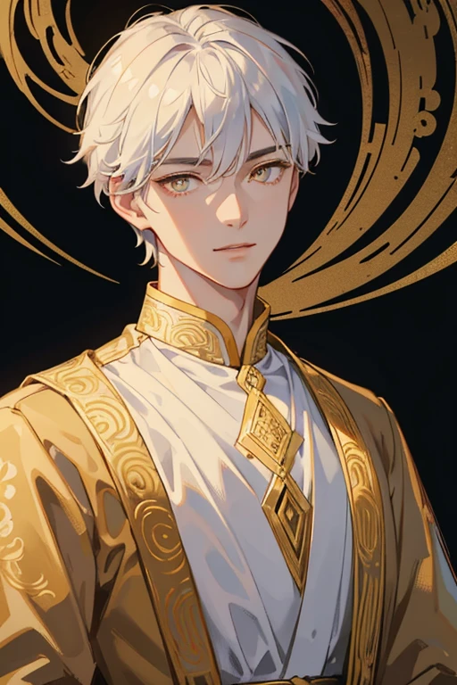 1 male, calm, aldult, Handsome, white short hair, ((golden eyes))，Exquisite facial features details，exquisite eyes, royalties, prince, Wearing black Chinese style clothing，There are gold embroideries on the clothes, Chinese classical palaces, aldult face, close up, Indifferent smile，mild