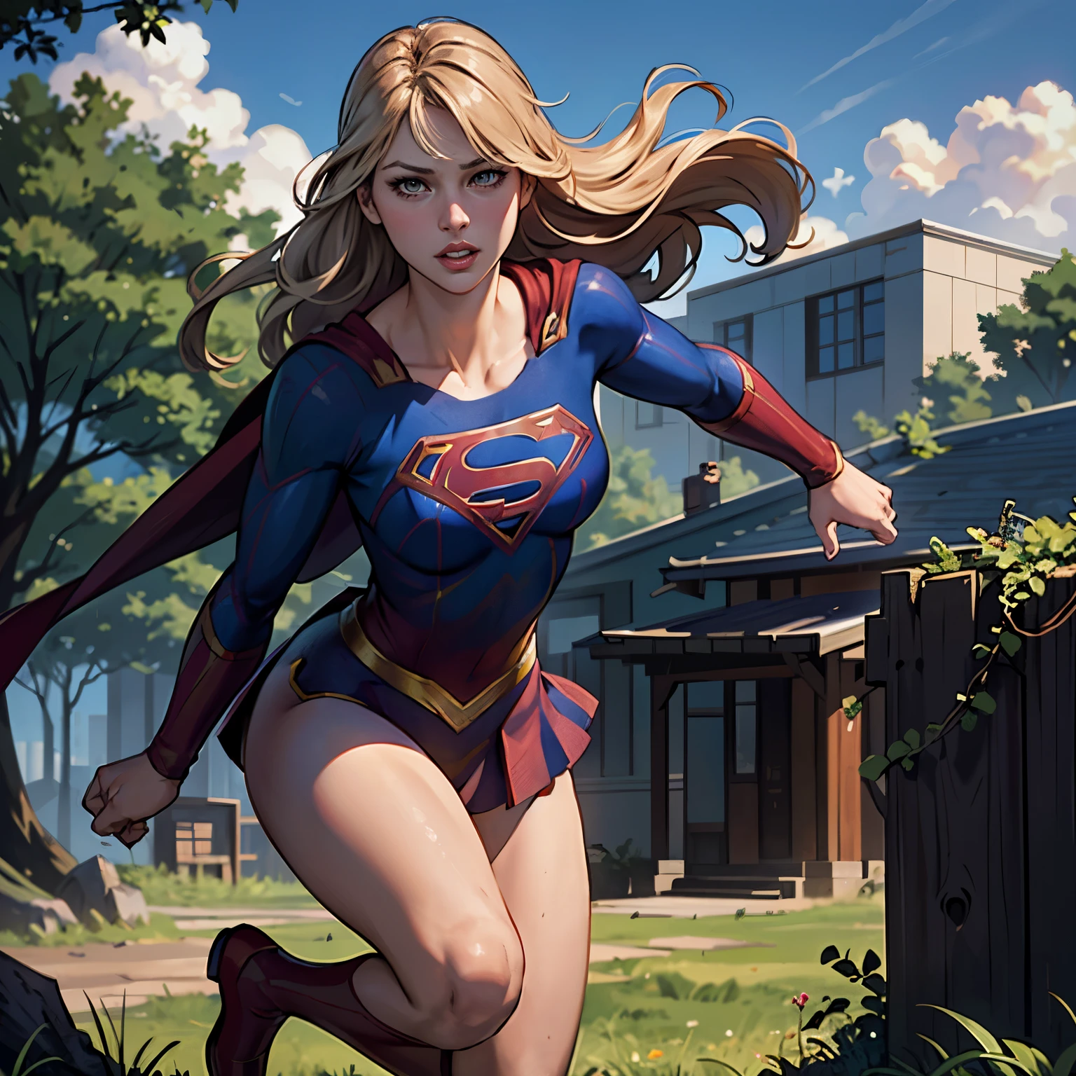 ((highest quality)), ((masterpiece)), (be familiar with), (High definition), (Realistic), (Realistic), (Best Shadow), Low contrast, (Complex:1.4), Side lighting, 8K, ((melissa Benoist)), ((SUPER GIRL)), Perfect Face、Detailed、(Accurate hand and finger depiction)、supergirl women、Blonde、Voluptuous body、Large Breasts、Narrow waist、Big Ass、Alluring、glamorous、(Action Scenes)、(Supergirl kicking her enemy)、sweating、On the grass、in the deep forest、blue sky