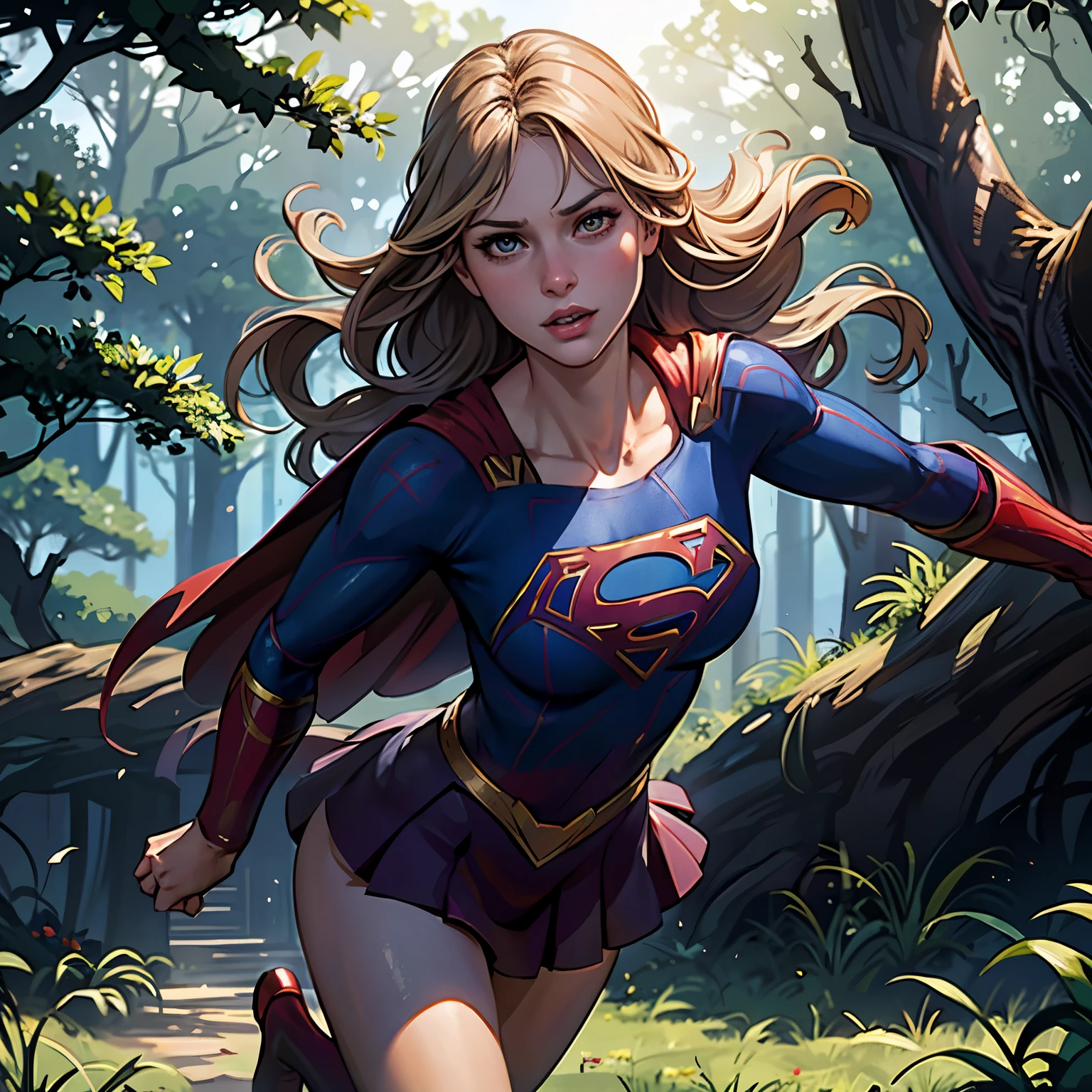 ((highest quality)), ((masterpiece)), (be familiar with), (High definition), (Realistic), (Realistic), (Best Shadow), Low contrast, (Complex:1.4), Side lighting, 8K, ((melissa Benoist)), ((SUPER GIRL)), Perfect Face、Detailed、(Accurate hand and finger depiction)、supergirl women、Blonde、Voluptuous body、Large Breasts、Narrow waist、Big Ass、Alluring、glamorous、(Action Scenes)、(Supergirl kicking her enemy)、sweating、On the grass、in the deep forest、blue sky