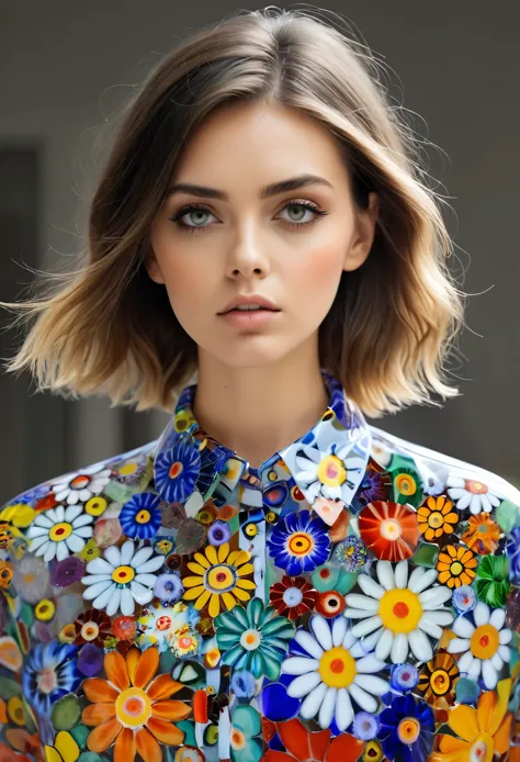 1 girl, calm, shut up, collared shirt,, millefiori glass style，