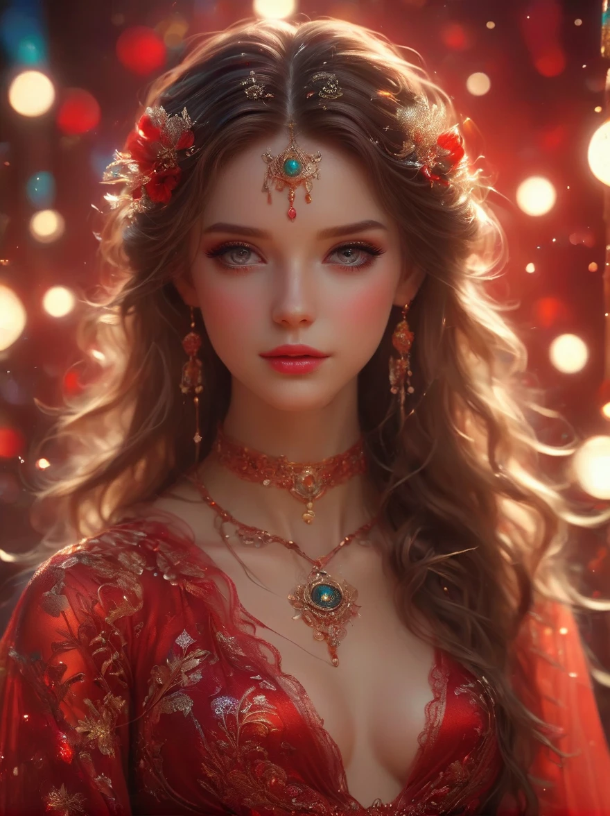 Beautiful Girl，Dark Magic，Magical shape，Face highlighting，fashionable，Texture，Surrealism，Light and Shadow Art，Sunshine on the face，Cardamom age，Red Wedding Dress，Exquisite and perfect demeanor，Dreamy Bokeh，Shallow and deep，The picture is hazy，Through light，HD，Leica lens，Close-up，Ultra Detail，3D Art，c4d，behance，Hyperreal，Octane Rendering，Behavior，Studio Lighting，8k