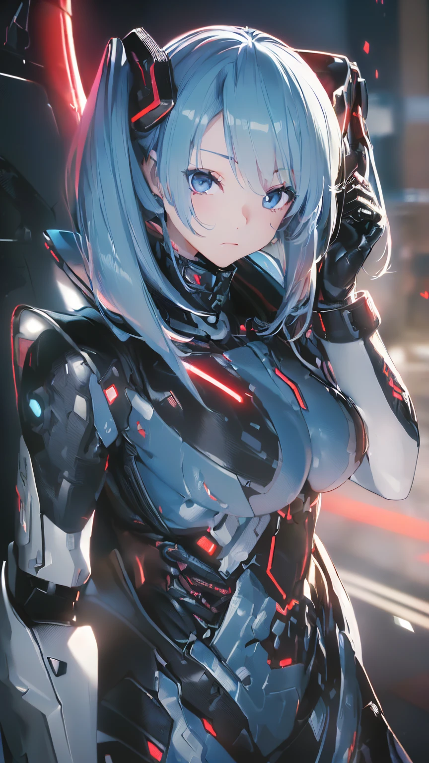 最haute qualité、Meilleure qualité d&#39;image、chef-d&#39;œuvre、Hatsune Miku VOCALOÏDE、、fille androïde((18 ans、rouge, Un cyber-costume brillant noir et bleu、source d&#39;énergie bleue sur la poitrine,Meilleur buste、gros seins、Buste 90、queues jumelles、Yeux bleu clair、cheveux bleu clair、Ouvrez grand votre poitrine、vallée、Bonheur、mince、visage timide、Combinaisons intérieures ajustées、S&#39;il vous plaît, placez-vous devant、D&#39;innombrables connexions de câbles dans tout le corps、particules de lumière、Bras griffus acérés)）haute qualité、Bel art、arrière-plan((Installations de recherche、Couleur néon、Cybermonde、rouge lighting))、Table、Conception exquise、arts visuels、Longs métrages、profondeur(L&#39;armée androïde déchaînée)