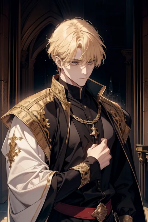 1 male, adult, blond hair with bangs, prince, black clothes, handsome, calm, beautiful, condescending, lean body, in a castle, m...