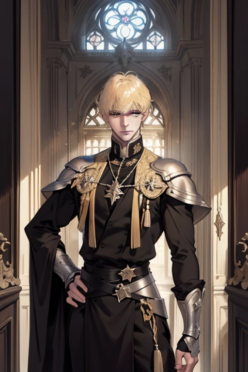 1 male, adult, blond hair with bangs, prince, black clothes, handsome, calm, beautiful, condescending, lean body, in a castle, medieval fantasy