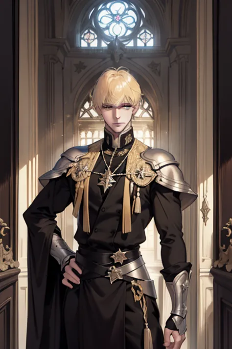 1 male, adult, blond hair with bangs, prince, black clothes, handsome, calm, beautiful, condescending, lean body, in a castle, m...