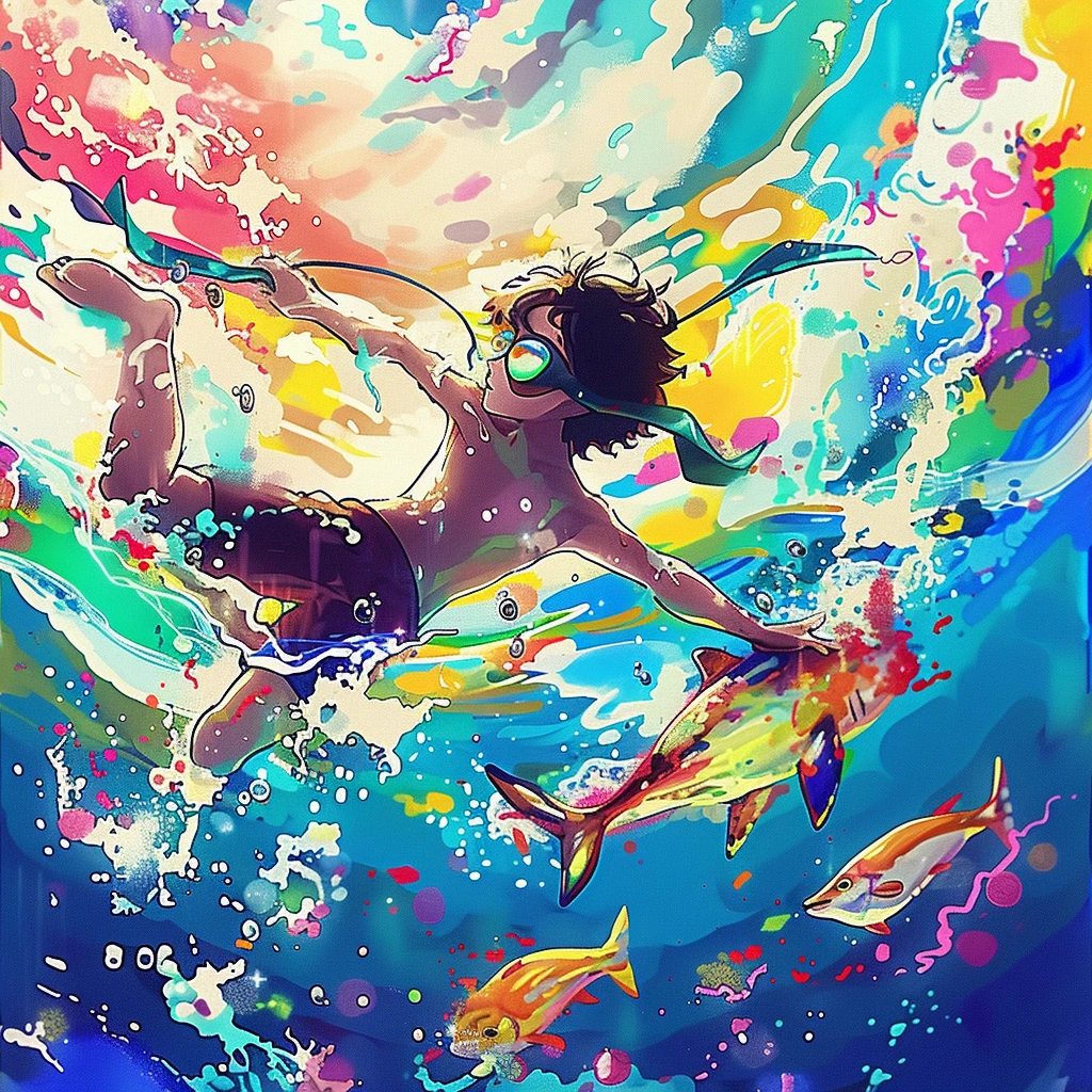 一个男孩潜水的漫画，动作和泼墨的能量通过大胆多彩的笔触表现出来