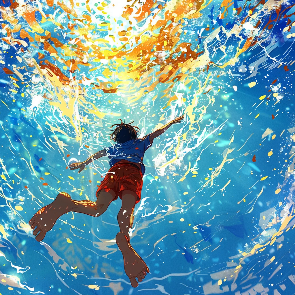 一个男孩潜水的漫画，动作和泼墨的能量通过大胆多彩的笔触表现出来
