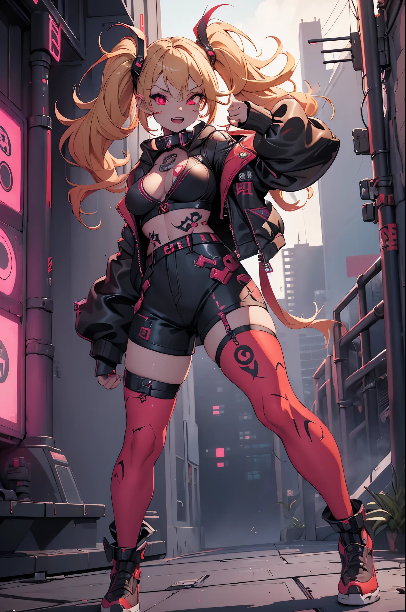 One girl, Rebecca \(cyber punk\), ((full body, fighting stance:1.0)),One Woman,Blonde twisted twin tails, glowing Red eyes,Laugh fearlessly, Leg Tattoos, neck tattoo,  Large Breasts, Black bra, String, Red pupils, Leather Fang, Red eyes, Black jacket, ((Dynamic Pose,Dynamic Angle)),cyber punk,cyber cityscape,