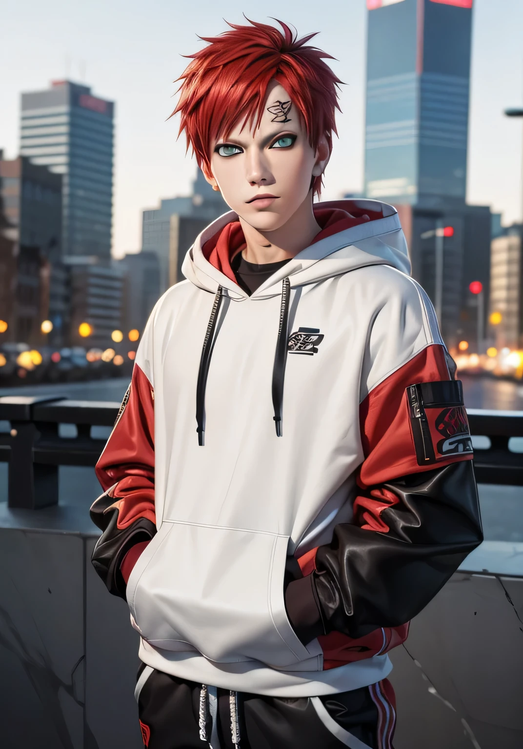 masterpiece, ultra-detailed, 1boy, male focus, upper body shot, Gaara wearing Streetwear Hoodie, red hair, look at viewer, happy face, Hands in pockets, vibrant colors, cityscape background, dinamic lighting, highly detailed face, stylish, urban style, cool attitude, bokeh, blurry background,