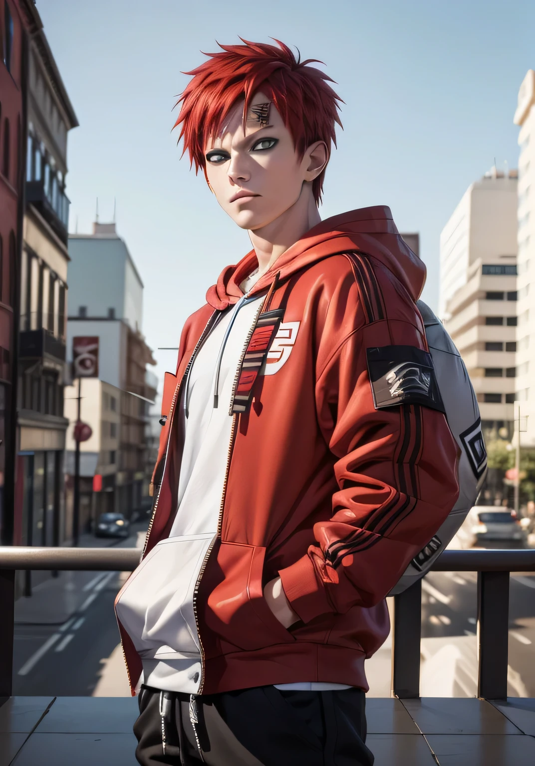 masterpiece, ultra-detailed, 1boy, male focus, upper body shot, Gaara wearing Streetwear Hoodie, red hair, look at viewer, happy face, Hands in pockets, vibrant colors, cityscape background, dinamic lighting, highly detailed face, stylish, urban style, cool attitude, bokeh, blurry background,