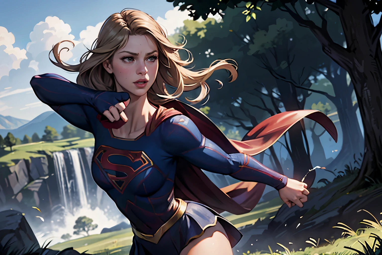 ((highest quality)), ((masterpiece)), (be familiar with), (High definition), (Realistic), (Realistic), (Best Shadow), Low contrast, (Complex:1.4), Side lighting, 8K, ((melissa Benoist)), ((SUPER GIRL)), Perfect Face、Detailed、(Accurate hand and finger depiction)、supergirl women、Blonde、Voluptuous body、Large Breasts、Narrow waist、Big Ass、Alluring、glamorous、(Action Scenes)、(Supergirl kicking her enemy)、sweating、On the grass、in the deep forest、blue sky