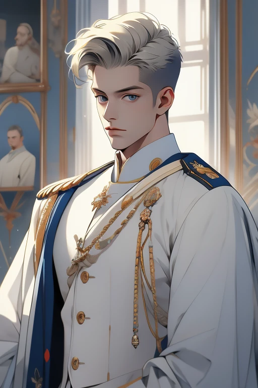 (absurdres, highres, A highly detailed), 1 male, solo, mature, handsome, tall muscular guy, broad shoulders, complex details, Colored, highest details, fantaisie, royal, nobleman, Admiral, short hair hair, blonde hair, eyes blue, Fleet Commander, navy, OC, white outfit