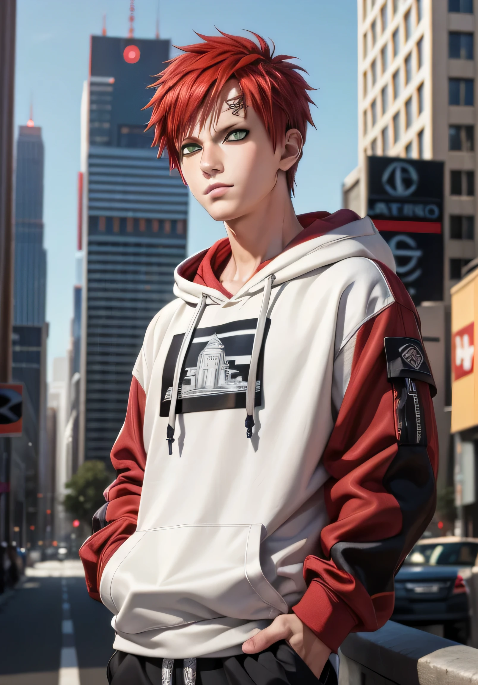 masterpiece, ultra-detailed, 1boy, male focus, upper body shot, Gaara wearing Streetwear Hoodie, red hair, look at viewer, happy face, Hands in pockets, vibrant colors, cityscape background, dinamic lighting, highly detailed face, stylish, urban style, cool attitude, bokeh, blurry background,