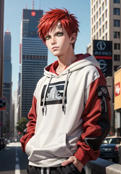 masterpiece, ultra-detailed, 1boy, male focus, upper body shot, gaara wearing streetwear hoodie, red hair, look at viewer, happy...