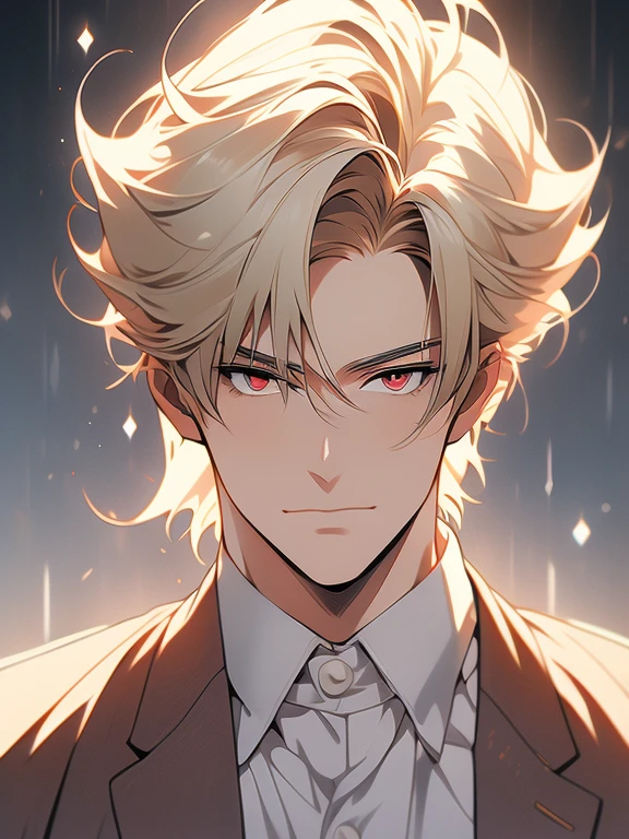 Solo, anime drawing of a man with blonde hair and red eyes, clean anime outlines, praying posture, side part bangs, medium hair length, anime portrait of a handsome man, male anime style, smirk facial