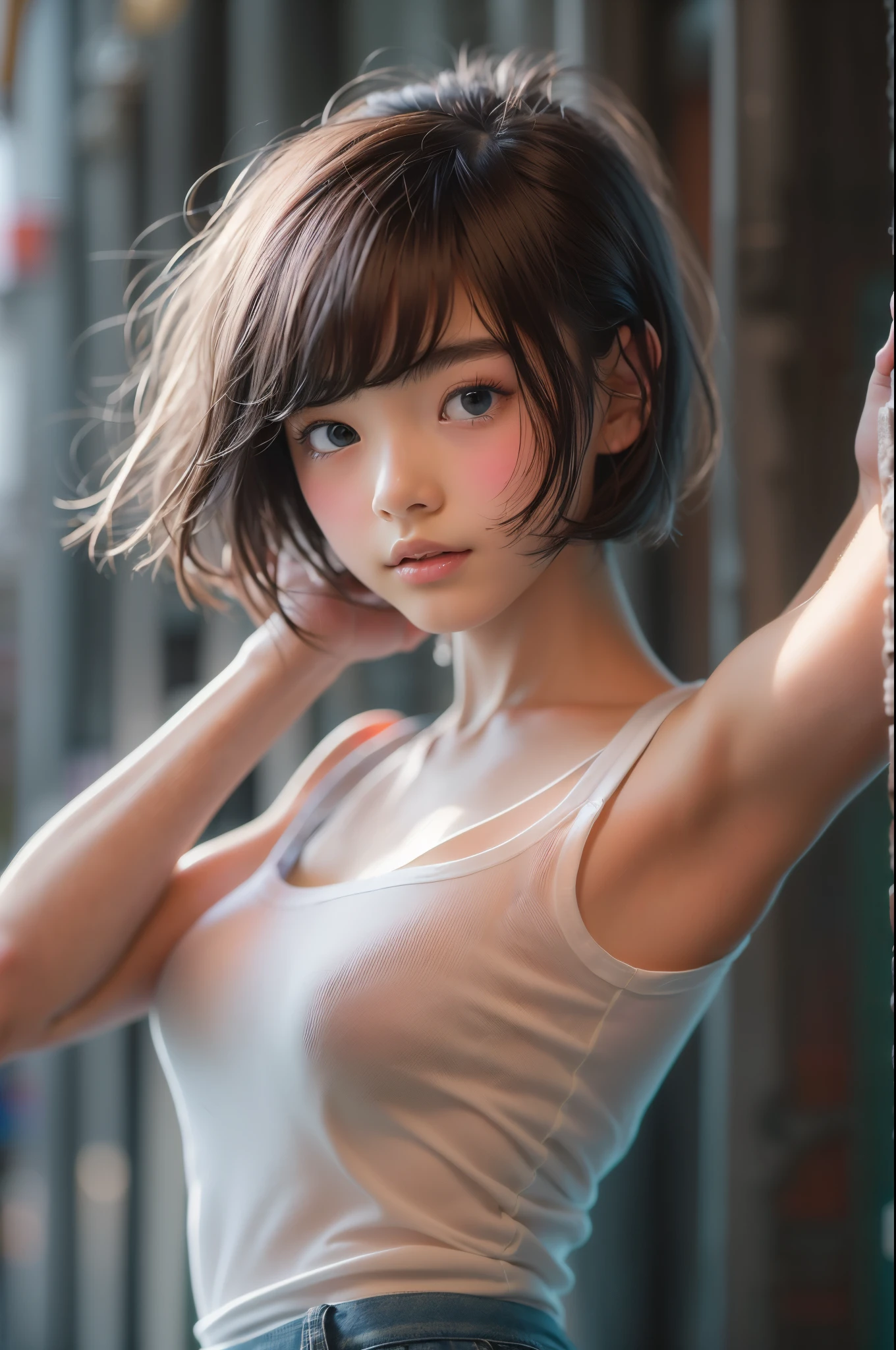 ((sfw: 1.4)), (( extra short hair, sidelocks-hair, 1Girl)),solo,((18 years old)), Ultra High Resolution, (Realistic:1.4), RAW Photo, Best Quality,(wearing  white tanktop:1.5),((hot denim pants))  (Photorealistic), Focus, Soft Light, ,((Japanese)), (( (young face))), (surface), (depth of field), masterpiece, (realistic), , bangs,,()